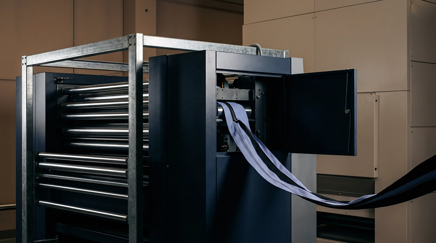 A heavy duty industrial machine processes a continuous length of zipper tape through a series of metallic rollers in a textile factory setting.