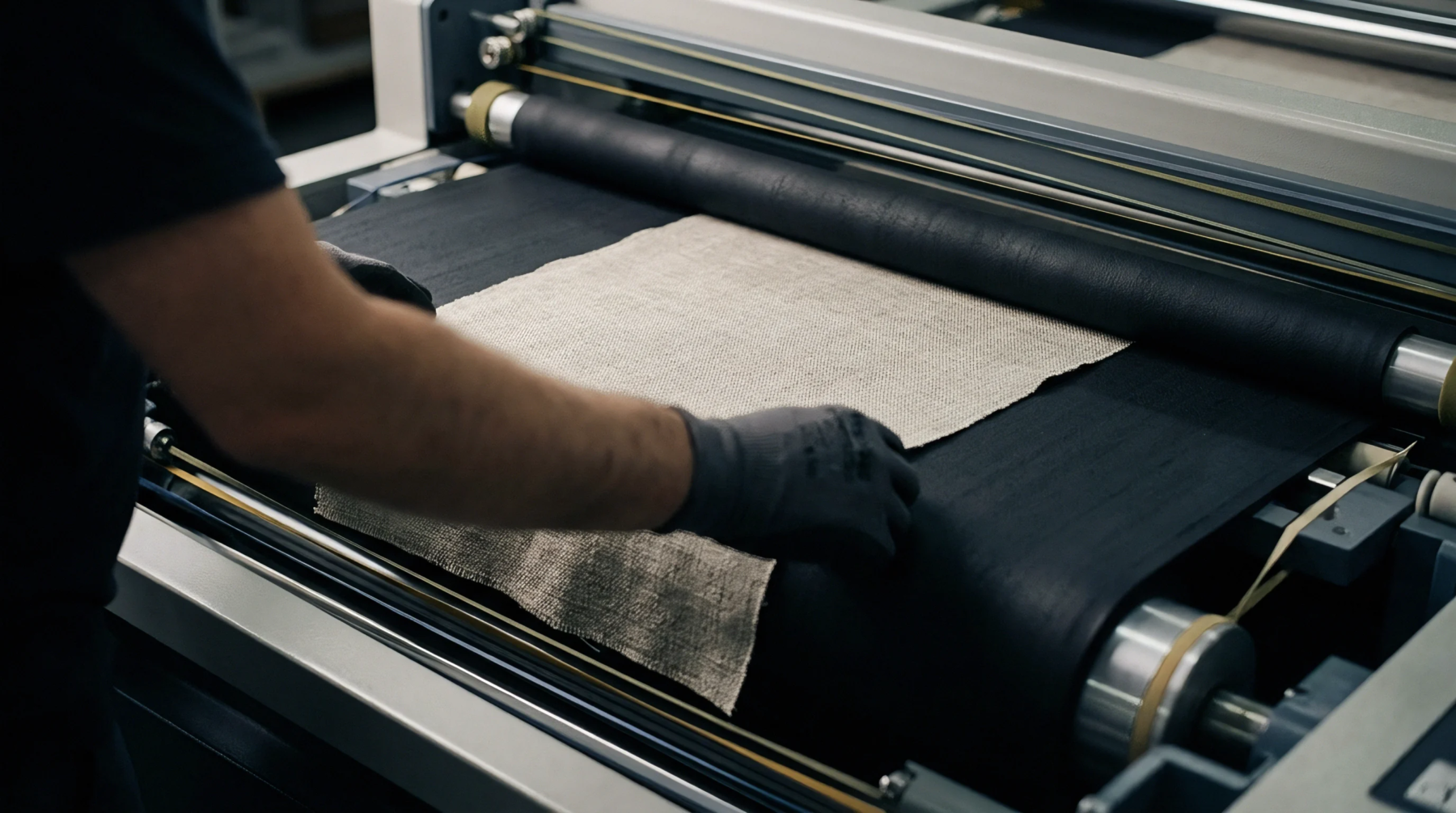 Gloved hands place a square of woven linen fabric onto the black conveyor band of an industrial textile rotary pressing machine.