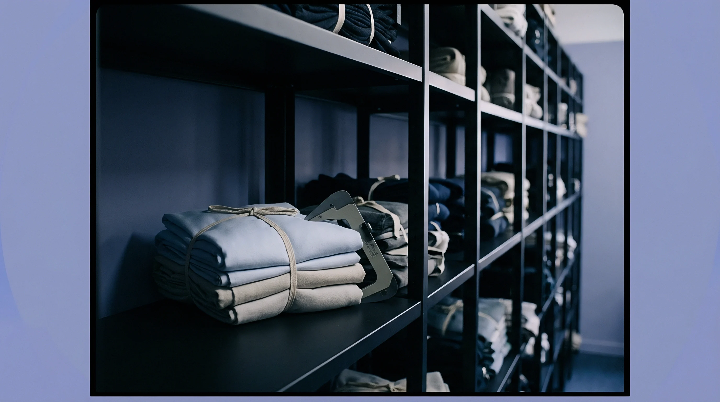 Stacks of folded textile inventory sit on black metal shelving units with a hand tool positioned for thickness measurement on top of the bundled fabric.