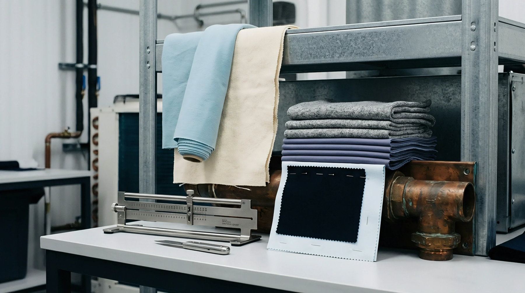 Fabric swatches for textile testing sit on a lab workbench beside professional measuring equipment and a cutting tool in a production environment.