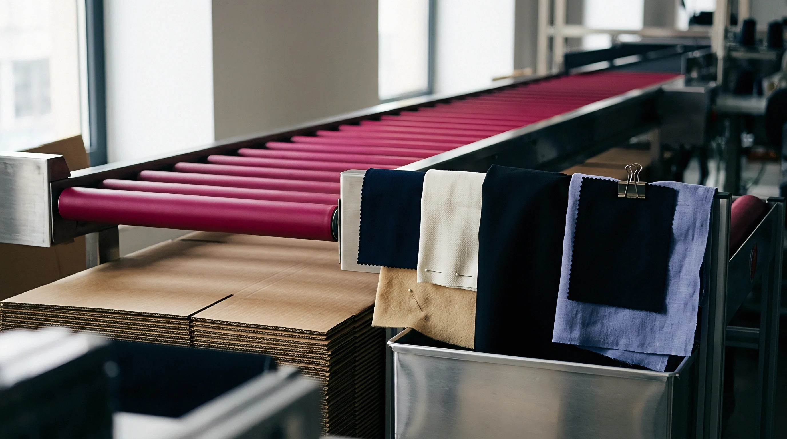 Fabric swatches hang near a motorized conveyor system equipped with red rollers above stacked cardboard packaging boxes inside a manufacturing facility.