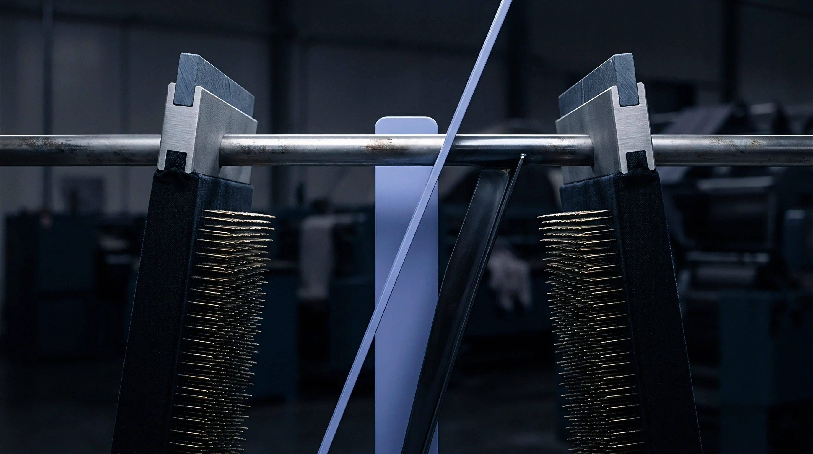 Narrow textile material is precisely guided by industrial machinery components featuring rows of fine metallic elements on a horizontal support bar.