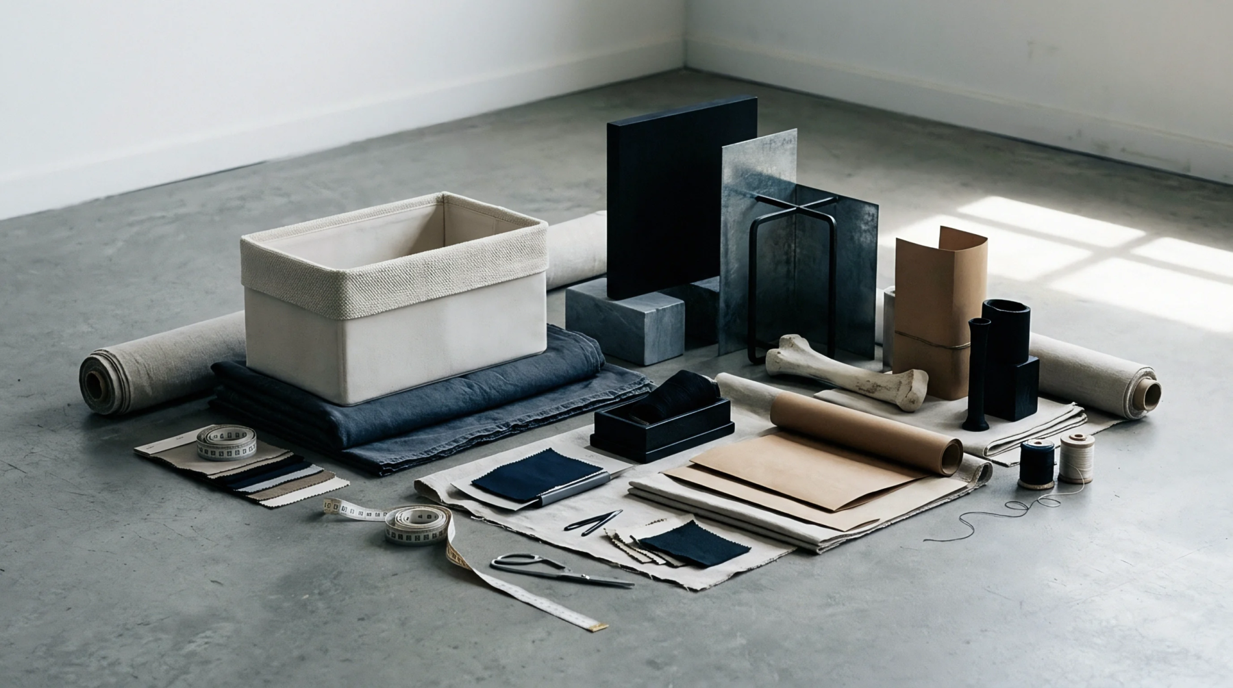 A curated assortment of textile materials, swatches, and fabrication tools rests on a concrete floor in a naturally lit space.