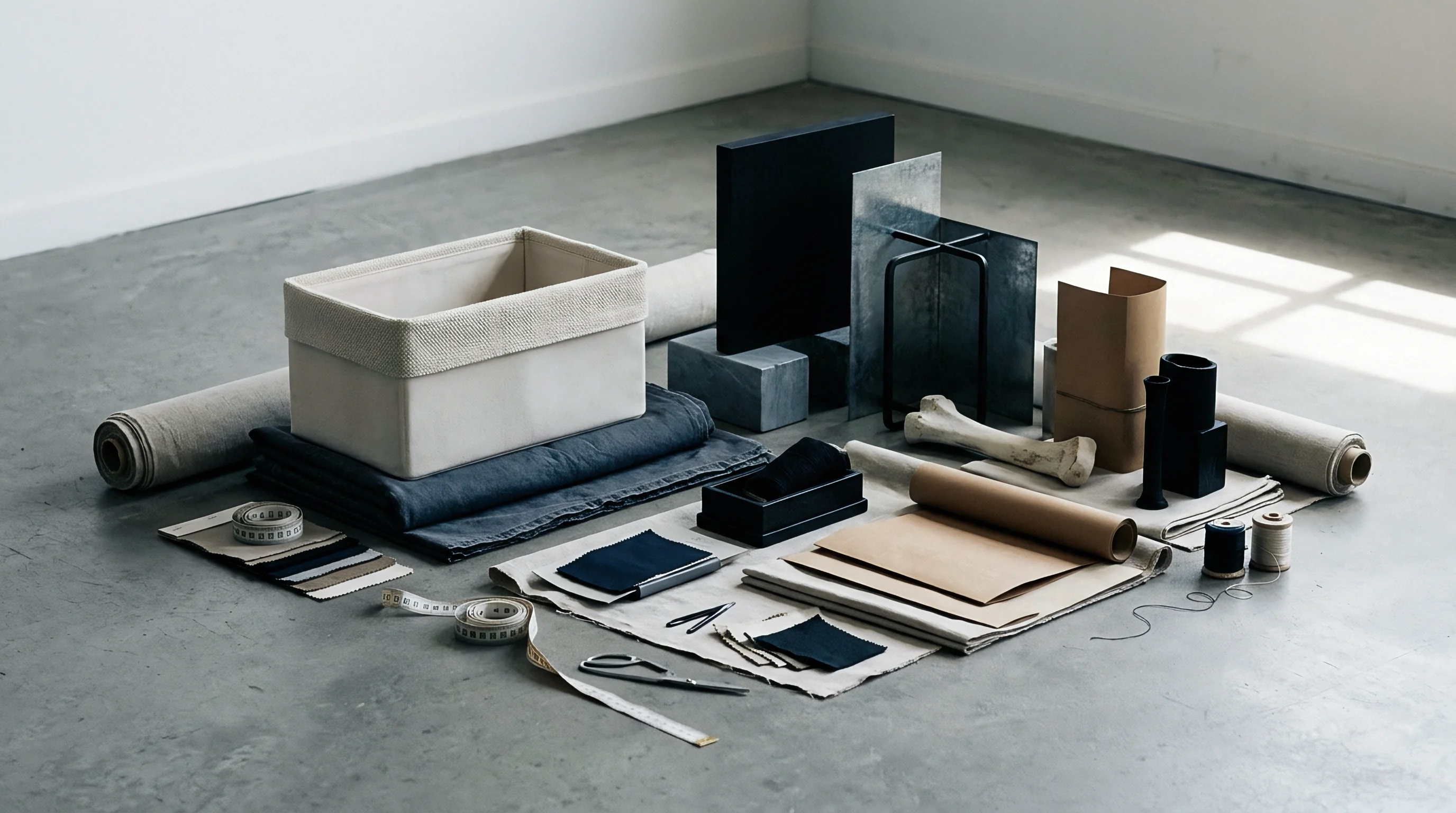 A curated assortment of textile materials, swatches, and fabrication tools rests on a concrete floor in a naturally lit space.