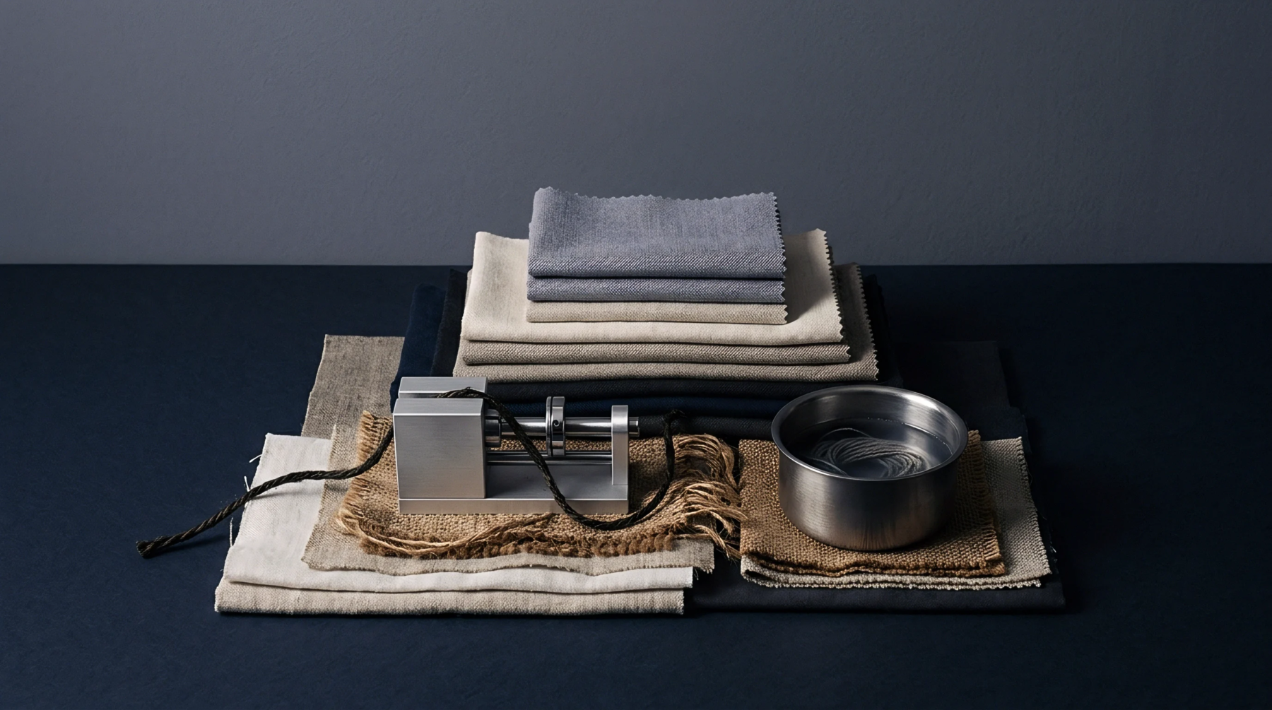 Stacked fabric swatches accompany a metal testing device and a liquid bath vessel on a dark tabletop surface.