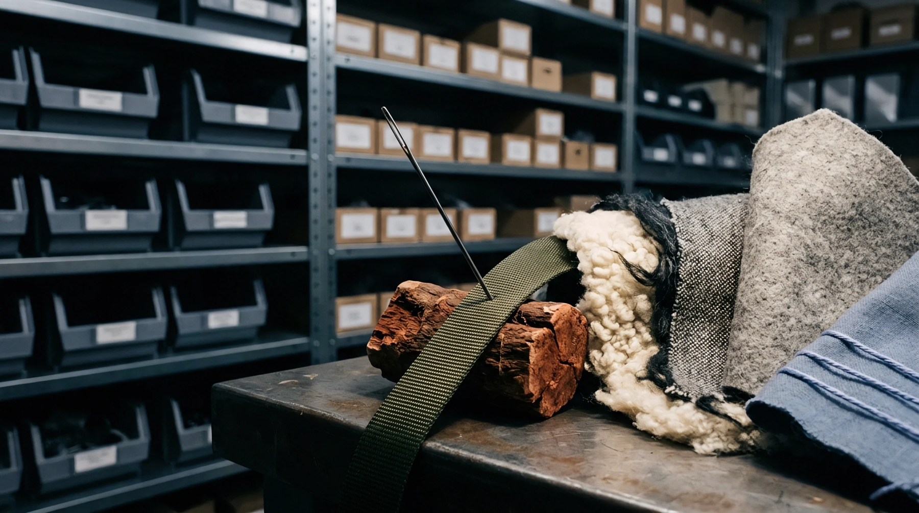 A metal needle pierces woven webbing resting on wood next to sheepskin fleece and various fabric swatches in an industrial storage warehouse.