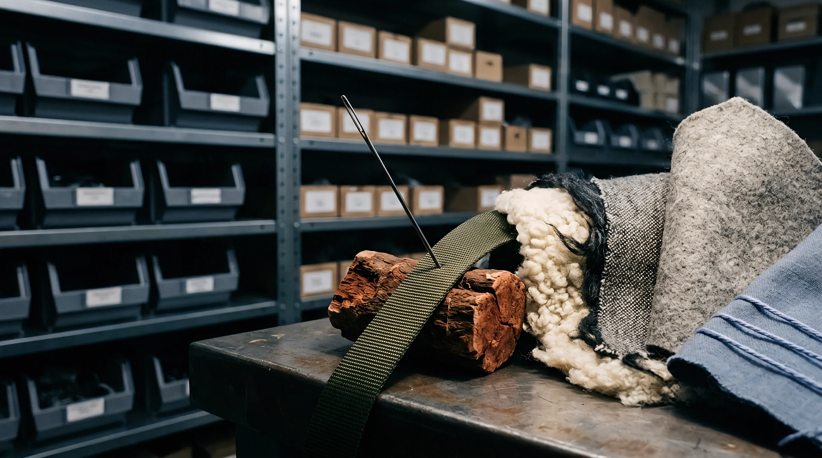 A metal needle pierces woven webbing resting on wood next to sheepskin fleece and various fabric swatches in an industrial storage warehouse.