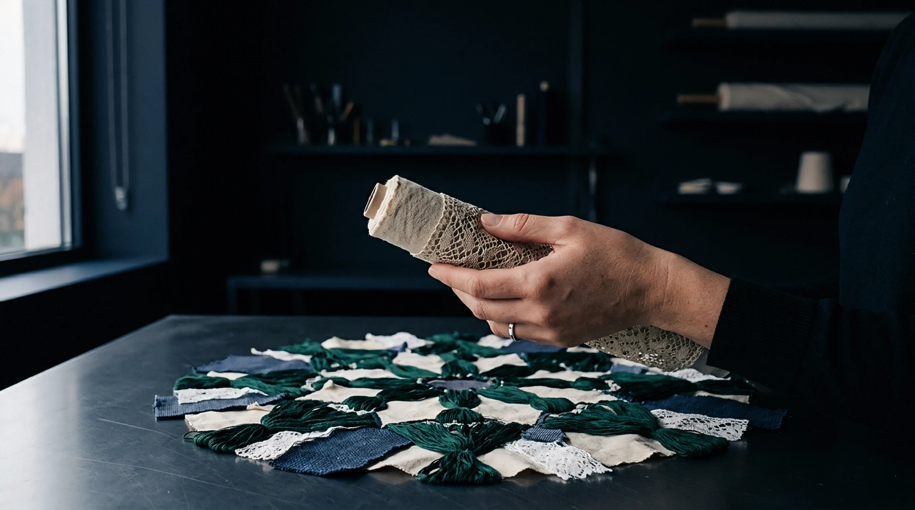 A hand presents a rolled sample of patterned lace textile over a patterned arrangement of fabric swatches on a dark table.