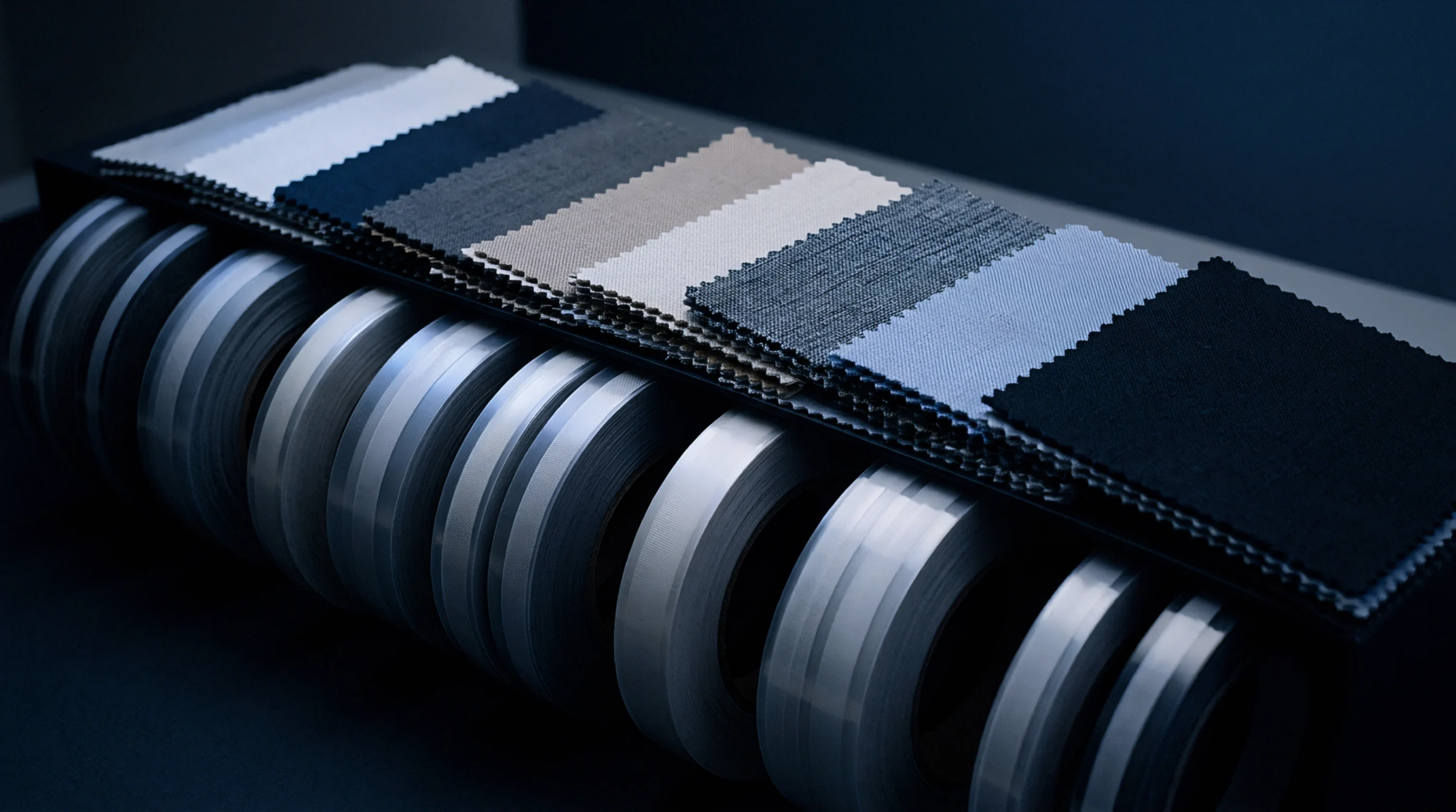 Multiple fabric swatches in neutral tones are displayed above spooled material rolls suggesting a textile sampling or production environment.