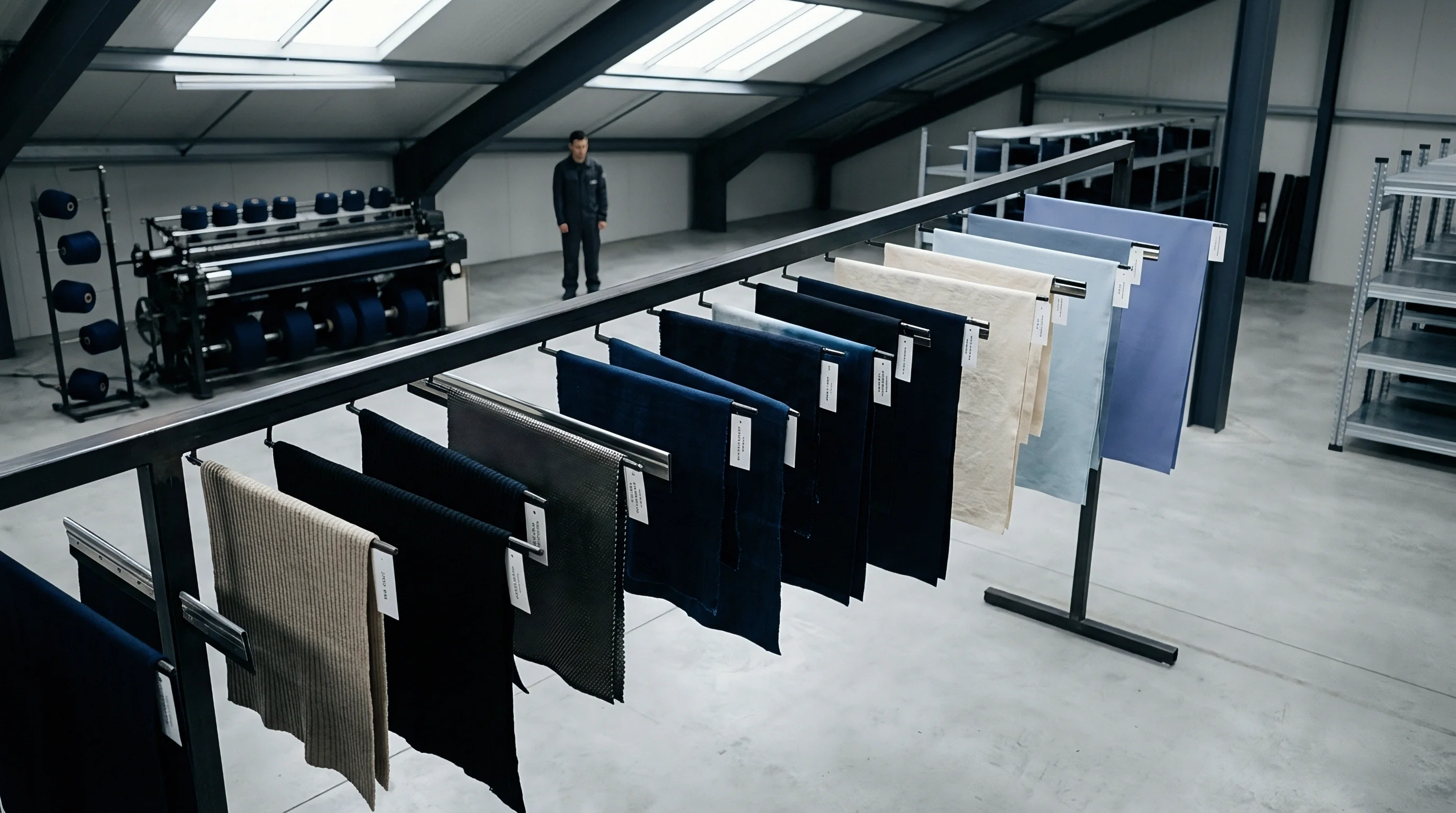 Textile fabric samples hang on metal display racks inside an industrial manufacturing facility containing heavy weaving machinery and yarn spools.