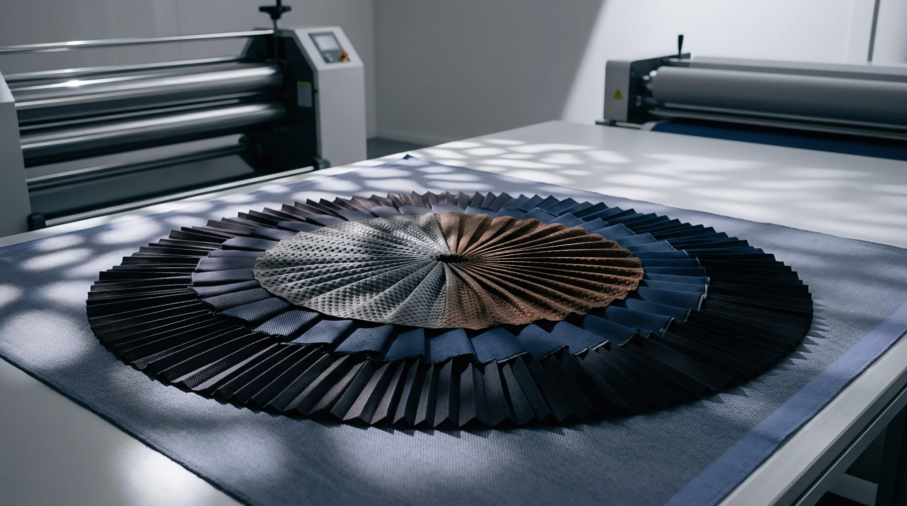 A multi layered concentric circular pleated fabric sample rests on a workbench in front of industrial textile roller production machinery.