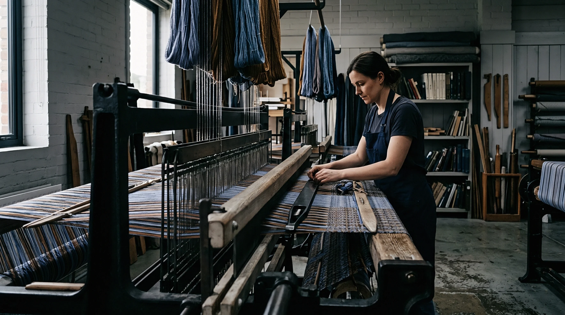 A textile artisan operates a large manual weaving loom to produce patterned fabric within a workshop filled with dyed yarn skeins.