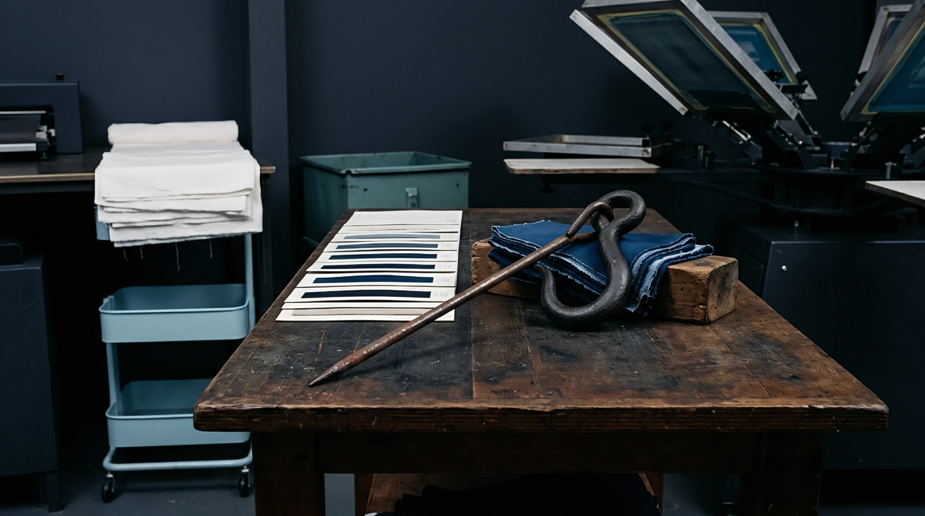 A textile workshop features a wooden table holding blue fabric samples, folded indigo textile pieces, and a metal bale hook, with raw fabric rolls nearby.