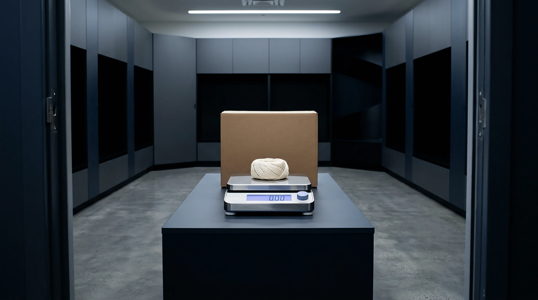A rendered ball of undyed yarn sits on a digital laboratory scale before a closed cardboard box within a dark sterile testing facility.