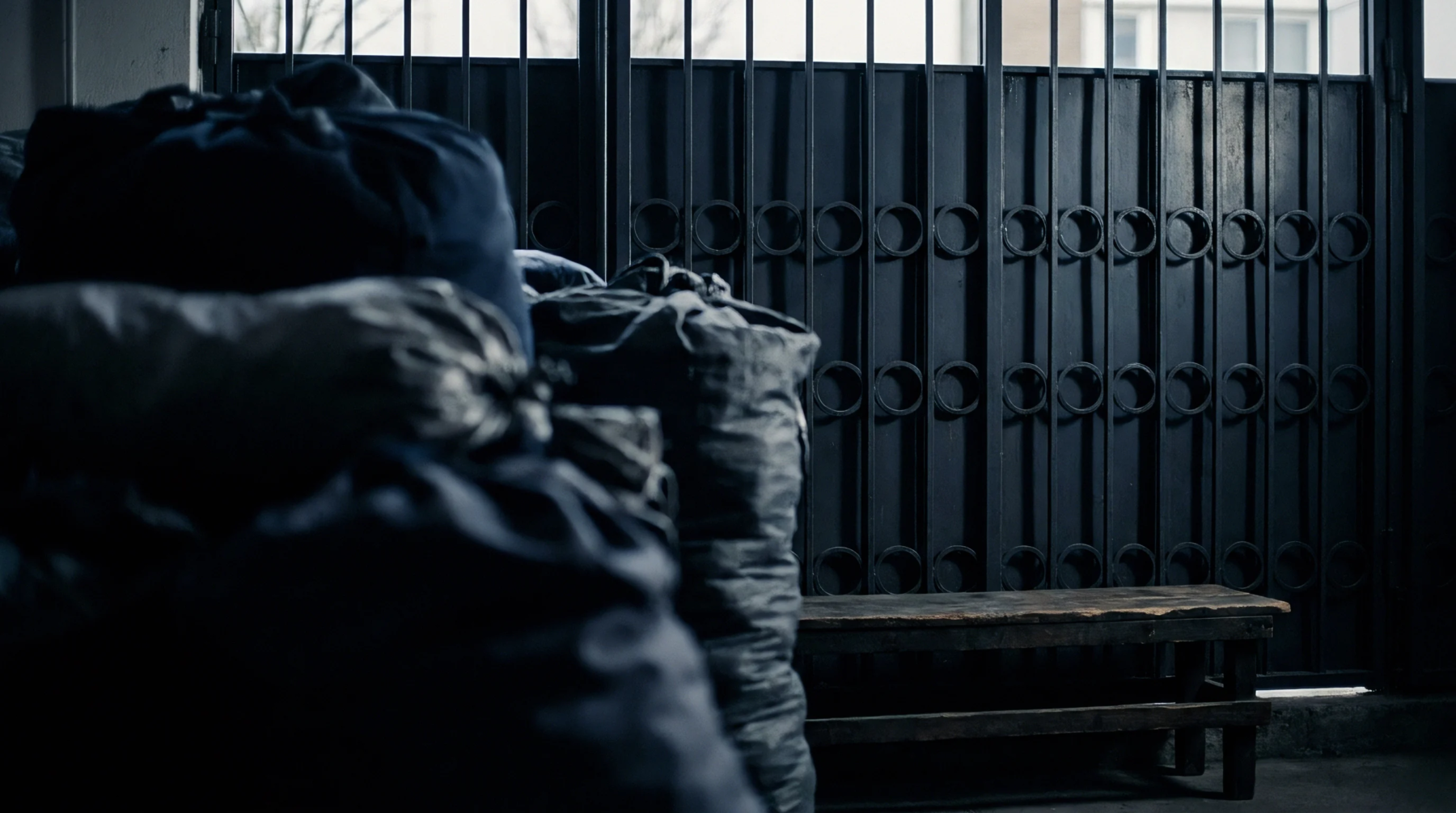 Woven fabric bales sit stacked before a heavy iron gate within an industrial warehouse or production facility for textile raw materials.