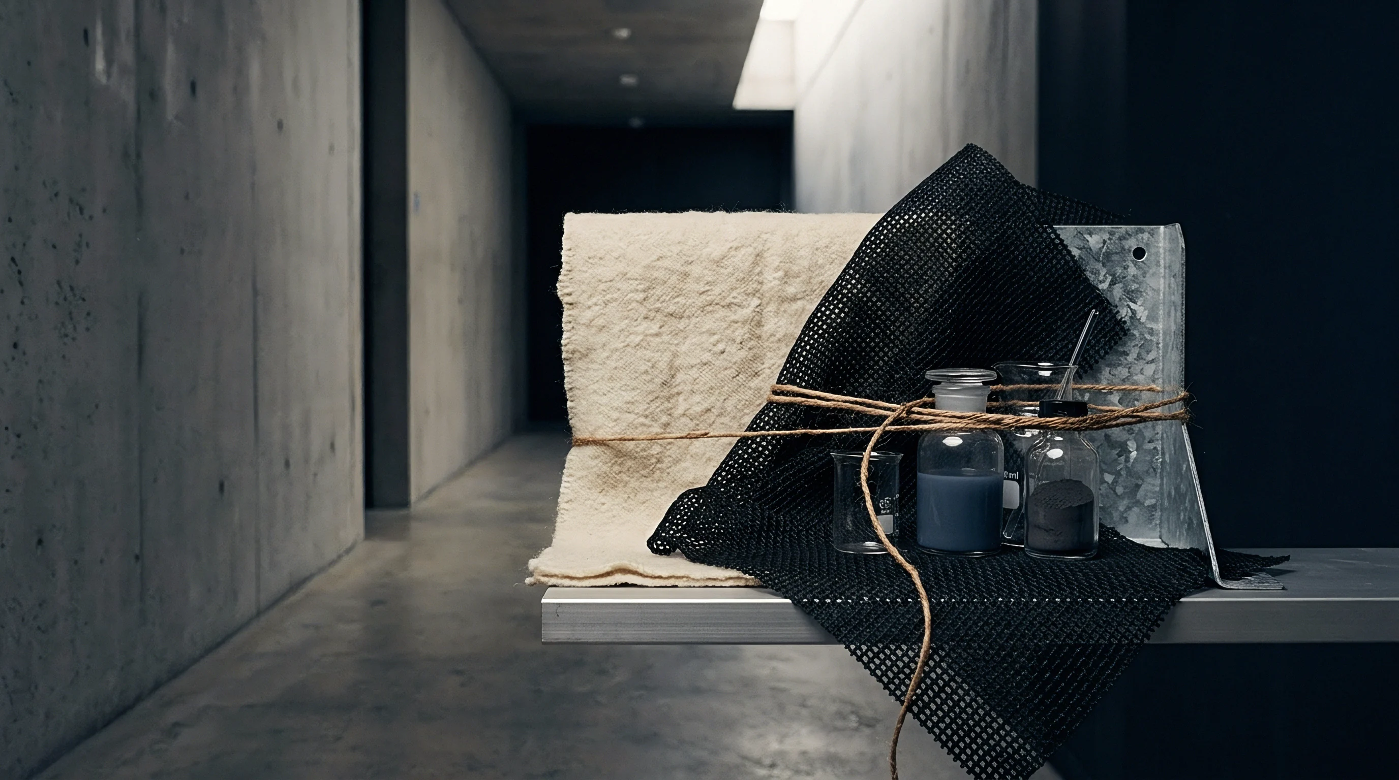 Textile samples and chemical glassware sit on a metal shelf within a concrete industrial corridor tied together with natural twine.