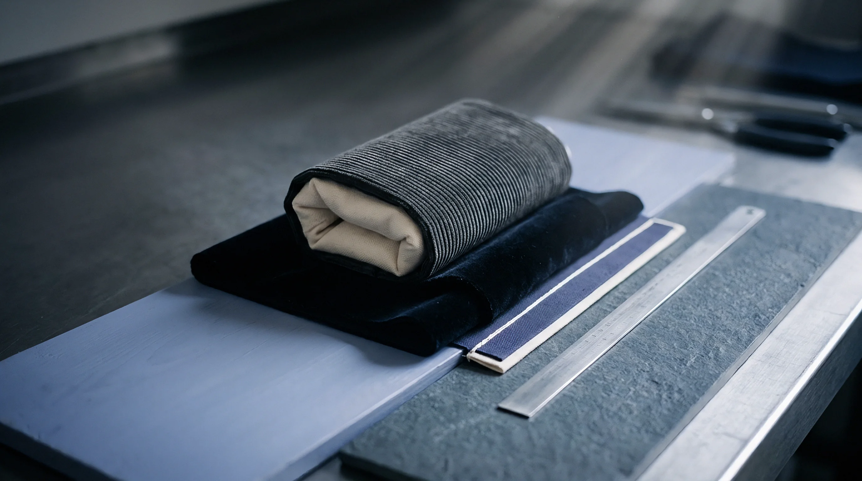 A rolled corduroy textile piece rests atop folded velvet swatches and woven fabrics on a stainless steel atelier work surface.