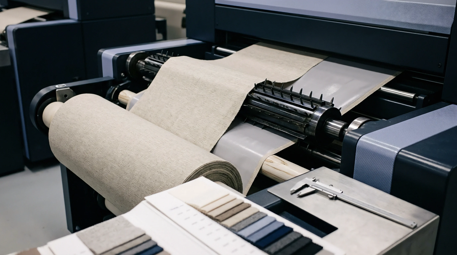 A textile printing machine feeds a roll of woven linen fabric across metal rollers next to color swatches and a caliper.