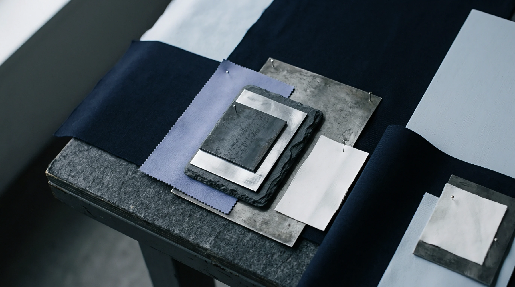 Multiple navy and pale blue textile swatches are layered with sheets of brushed metal and textured stone on a dark gray work surface.
