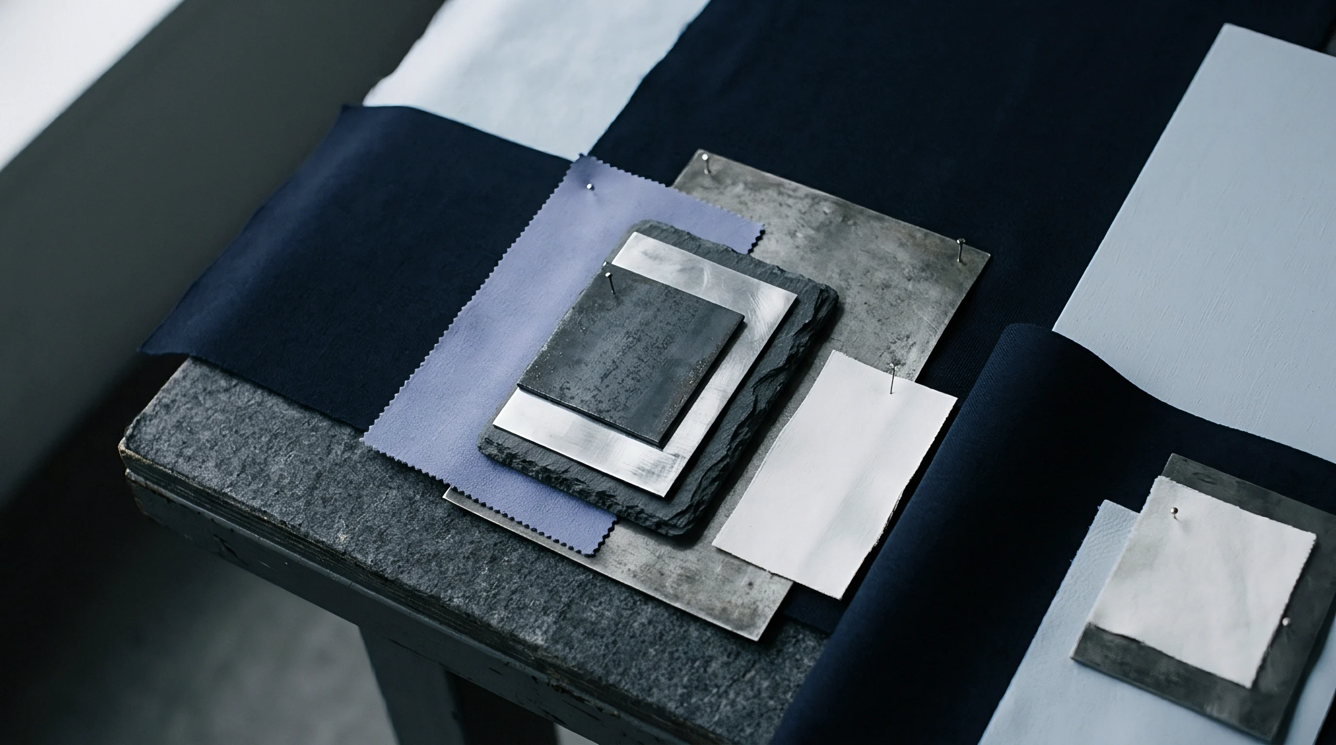 Multiple navy and pale blue textile swatches are layered with sheets of brushed metal and textured stone on a dark gray work surface.