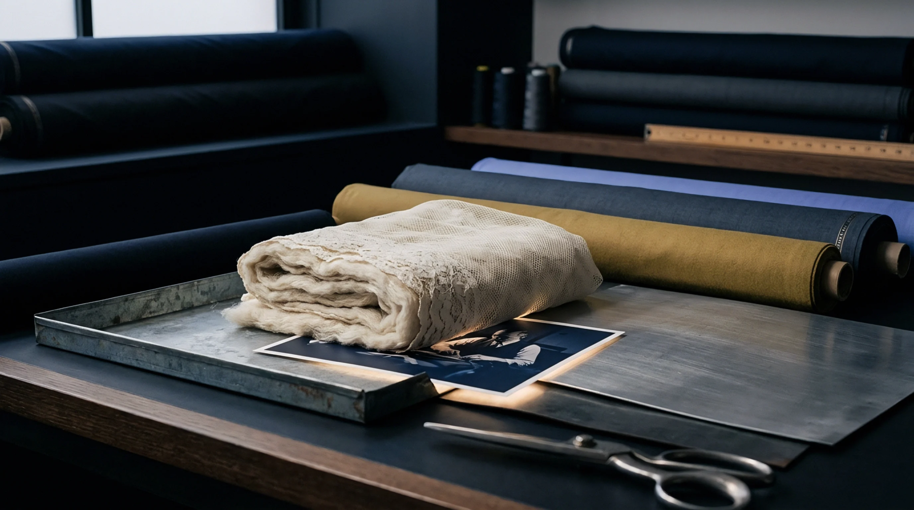 Folded cream lace and stacked woven fabric rolls rest on a metal workbench inside a textile sampling studio.
