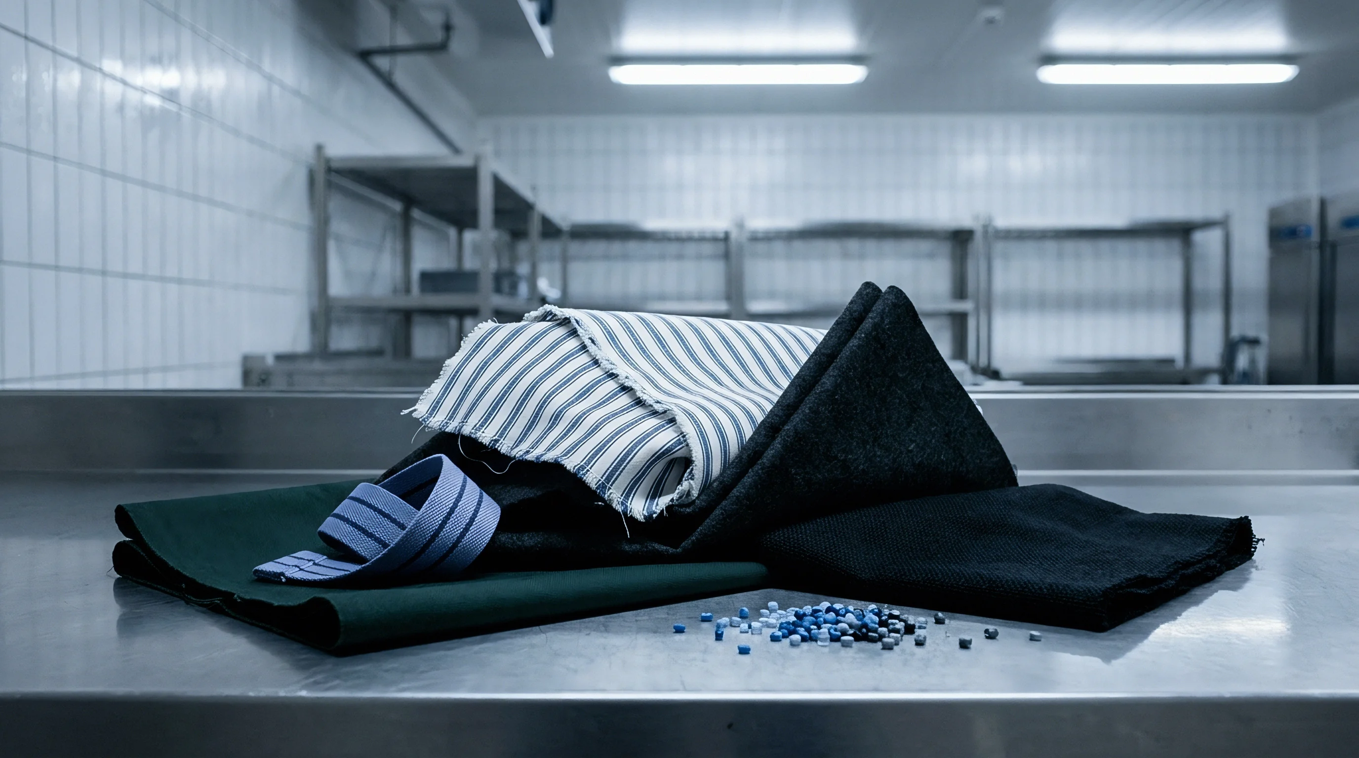 Assorted textile swatches, striped ticking, dark woven fabric, and polymer pellets rest on a stainless steel industrial table in a production facility.