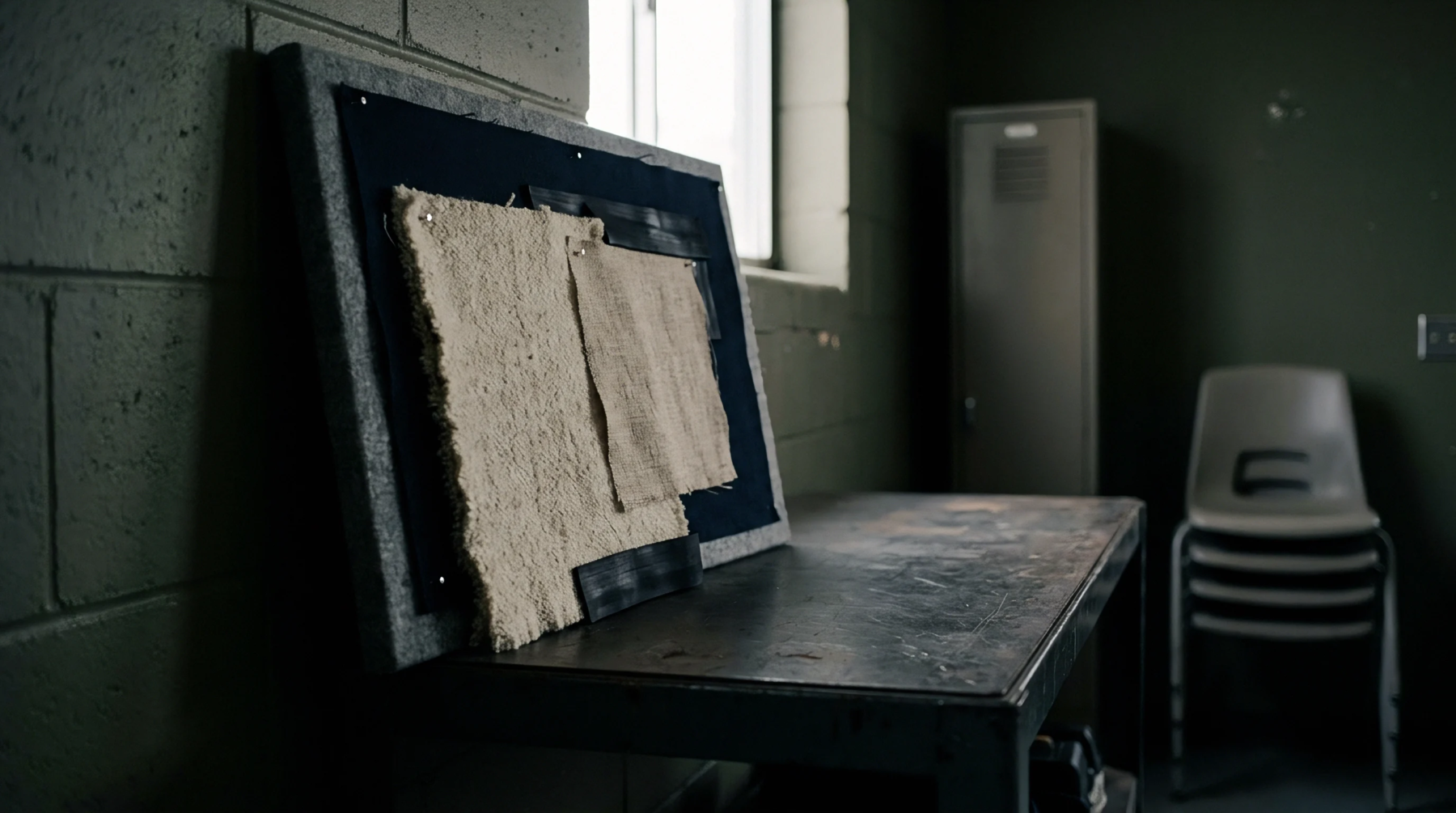 A fabric swatch board displaying woven cotton and burlap samples rests on a metal workbench in an industrial workshop.