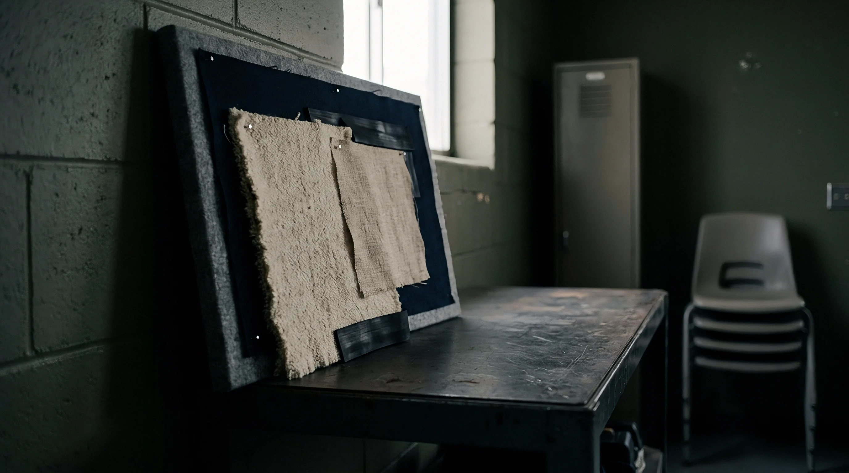 A fabric swatch board displaying woven cotton and burlap samples rests on a metal workbench in an industrial workshop.