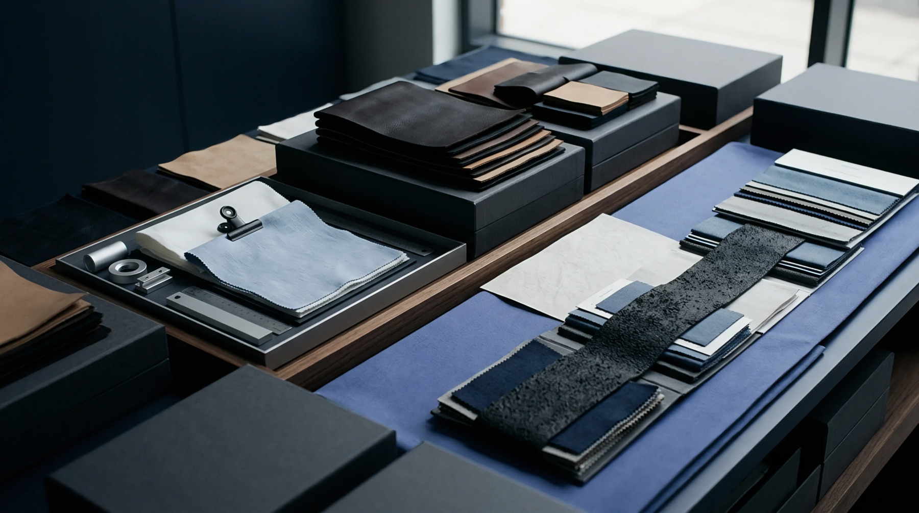 Sorted textile swatches fabric books and leather samples lie on gray boxes and trays in a design studio showroom.