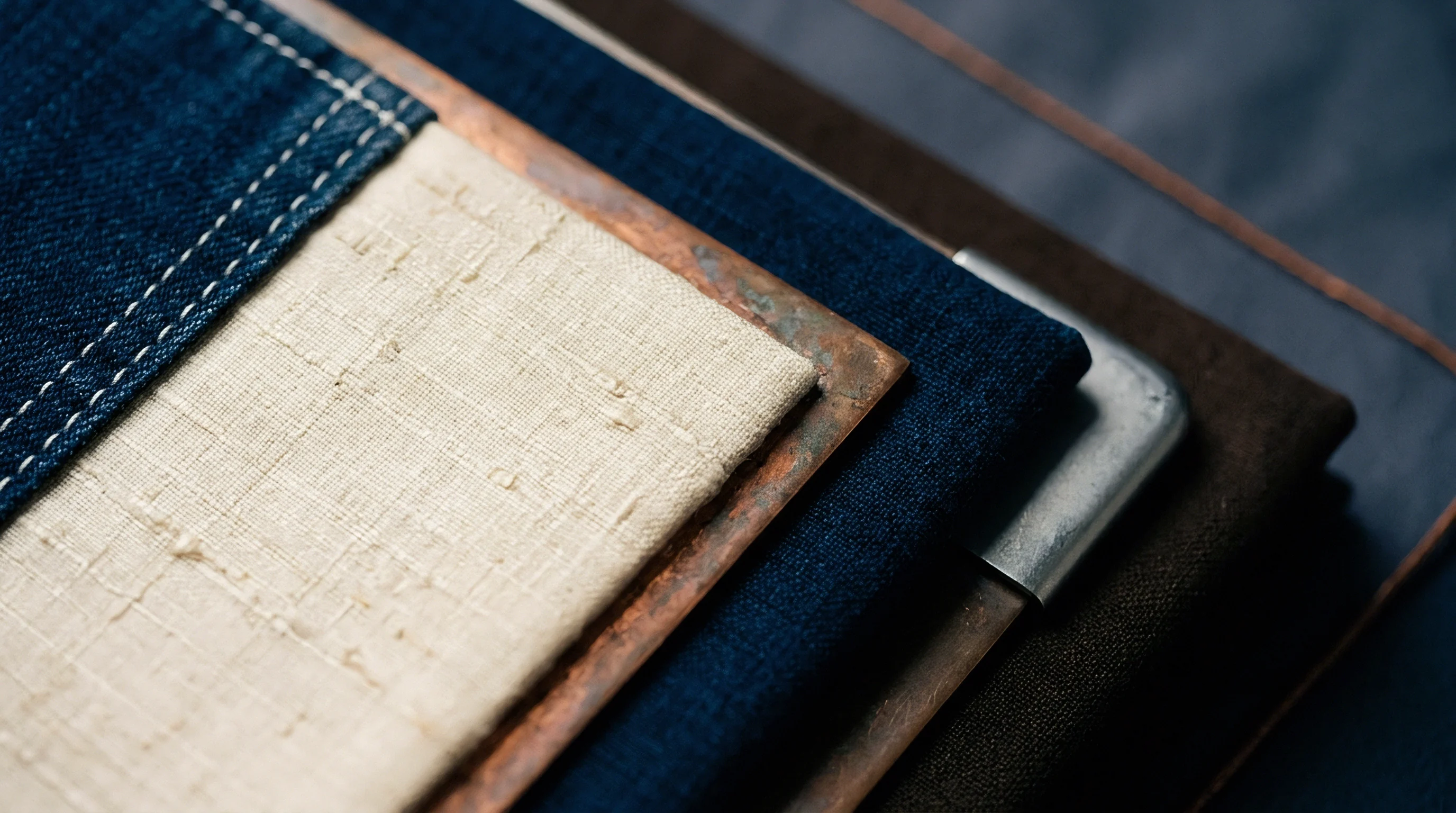 Layered fabric swatches including blue denim coarse linen and brown wool lie arranged on metal sheets.