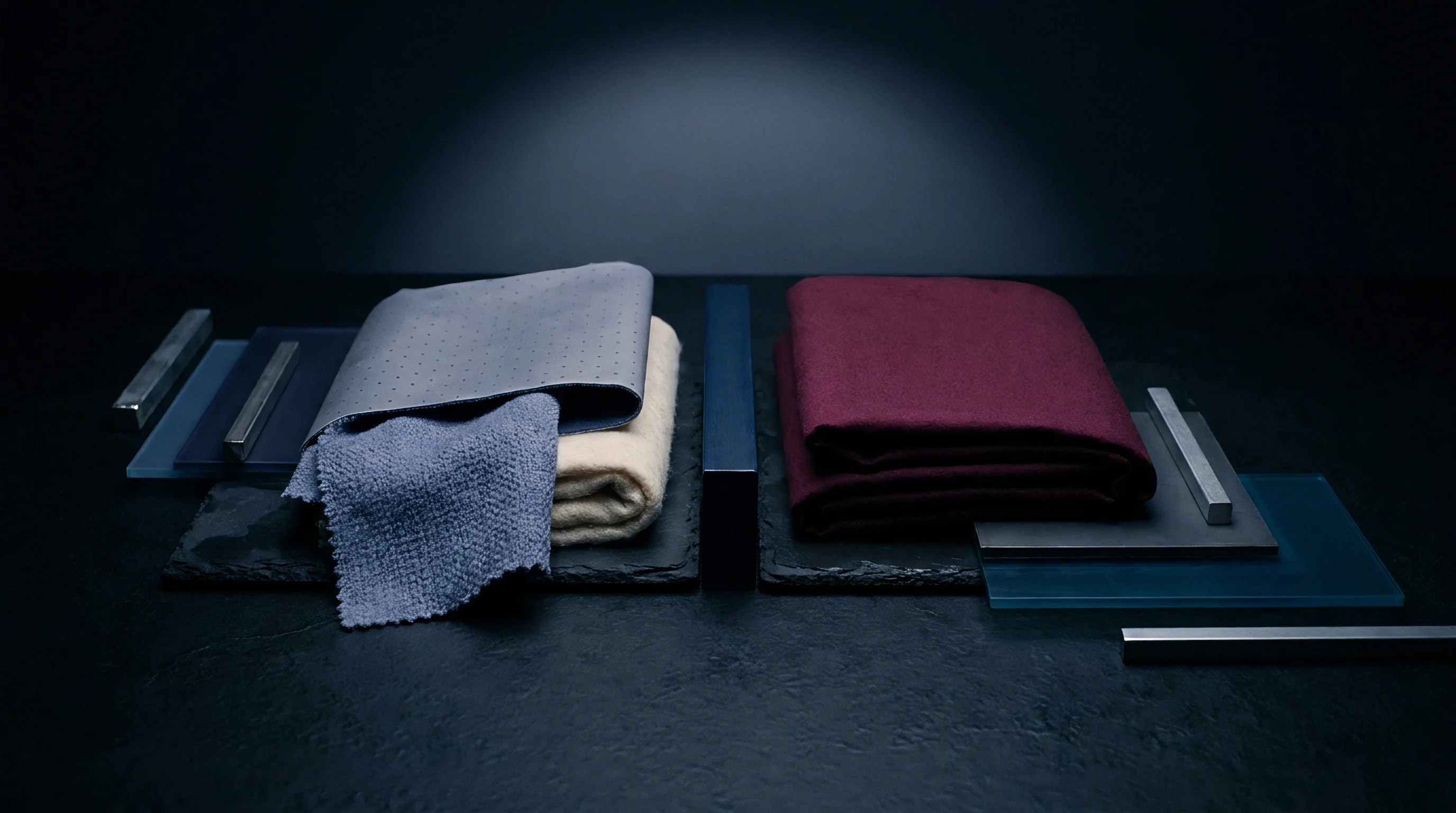 Folded fabric samples including perforated synthetics and woven panels rest upon slate slabs adjacent to rectangular glass elements and brushed metal hardware.