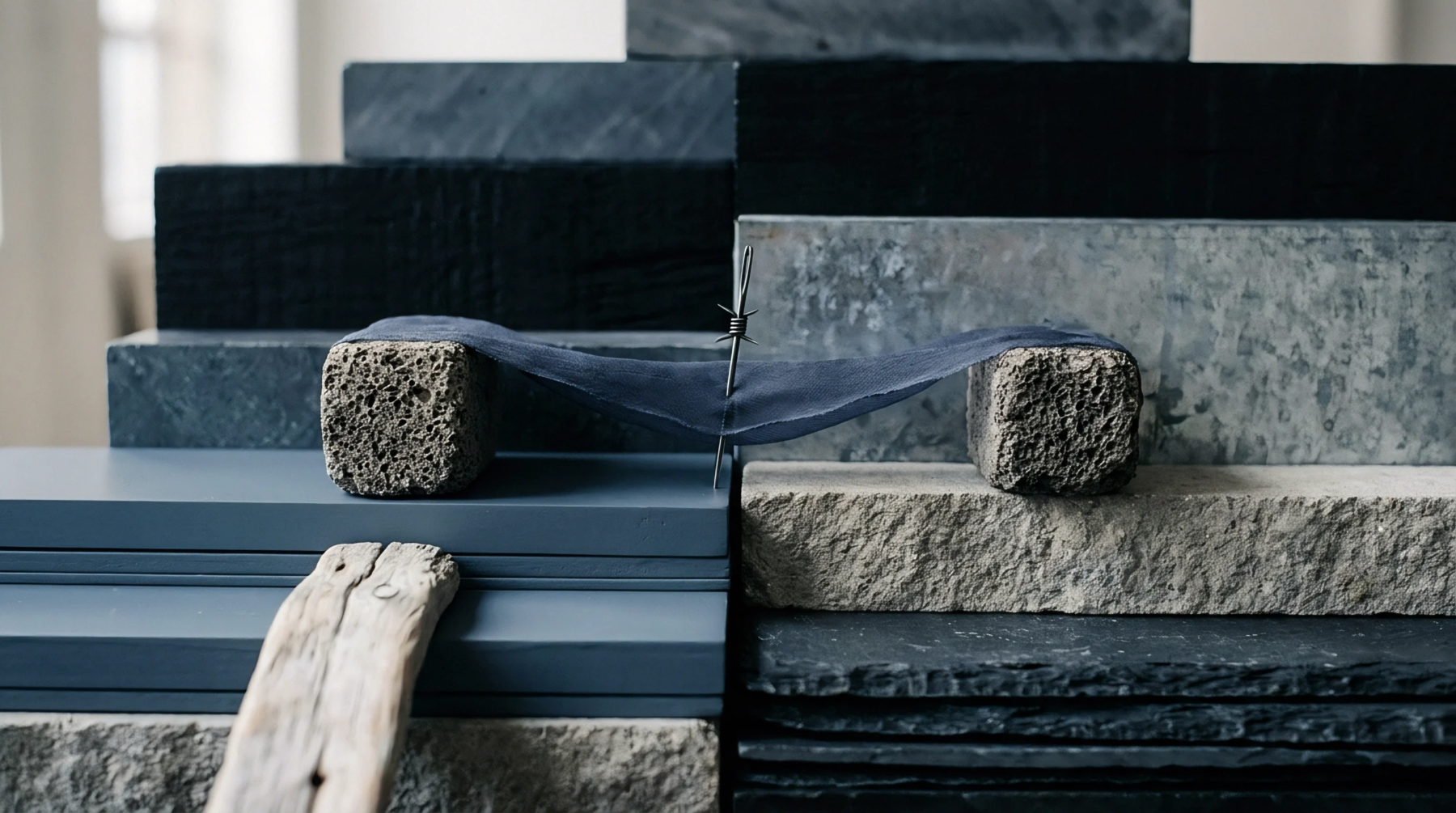 A dark blue textile strip spans between two porous stone blocks secured by a single metal pin piercing the center of the fabric.