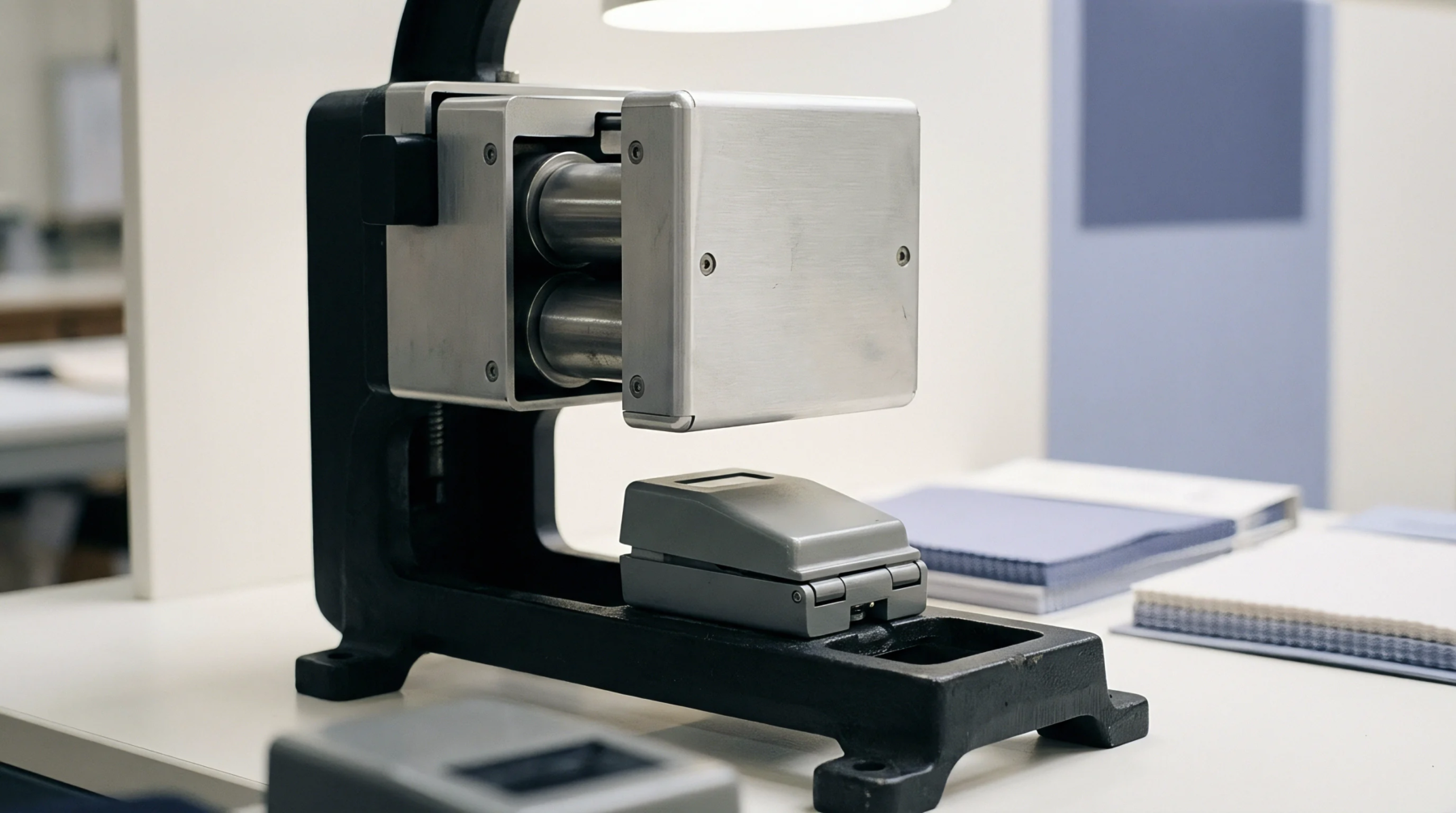 Heavy mechanical testing equipment sits on a white laboratory workbench next to sample swatches during textile analysis.
