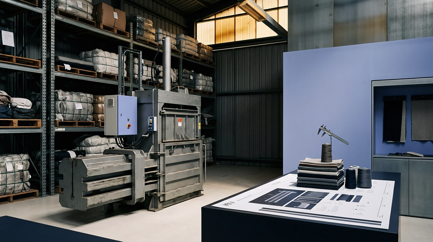 An industrial baling press is near shelves holding compressed textile bales, contrasted with fabric samples and technical plans on a table.