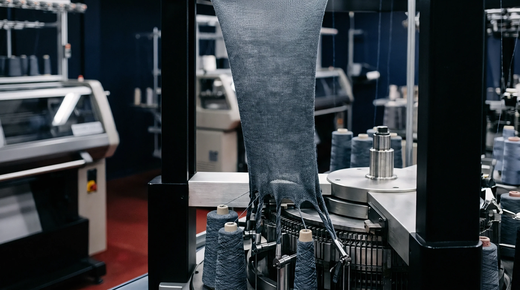 Industrial circular knitting machinery draws grey tubular fabric upward through tension rings inside a textile manufacturing facility production floor.