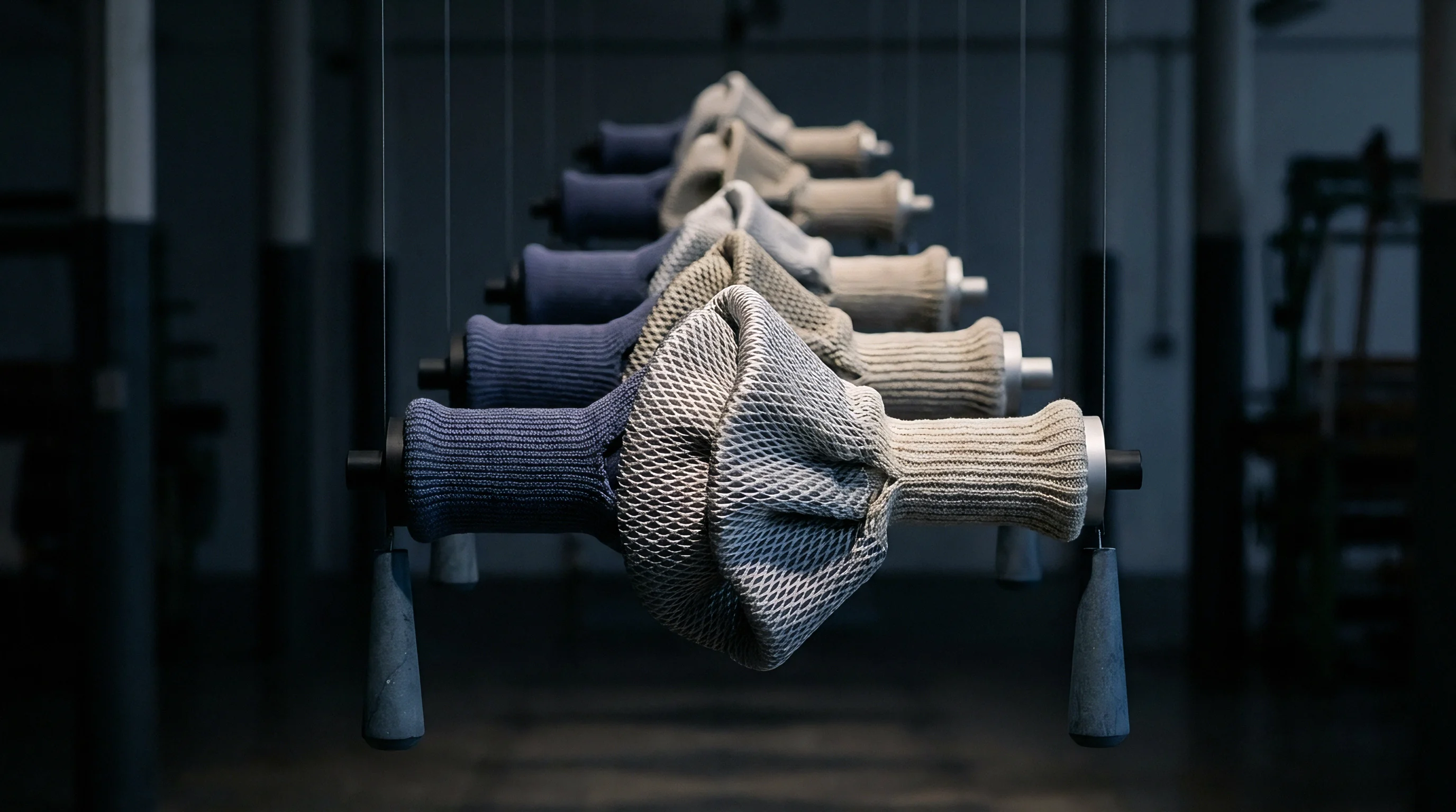 Tubular knitted fabric samples with geometric structural patterns hang from horizontal industrial support bars inside a dark production facility environment.