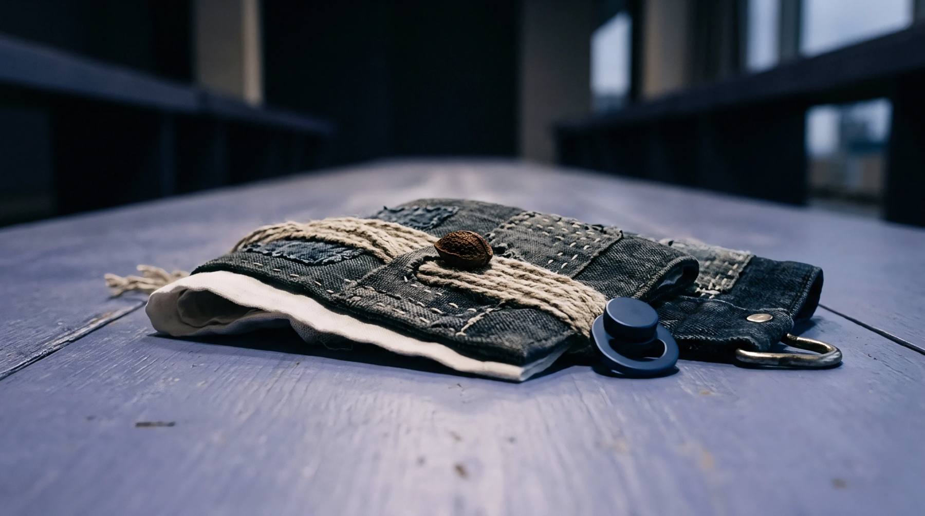 Folded cotton denim panels joined by sashiko stitching and tied with braided twine rest on a purple painted wooden bench.