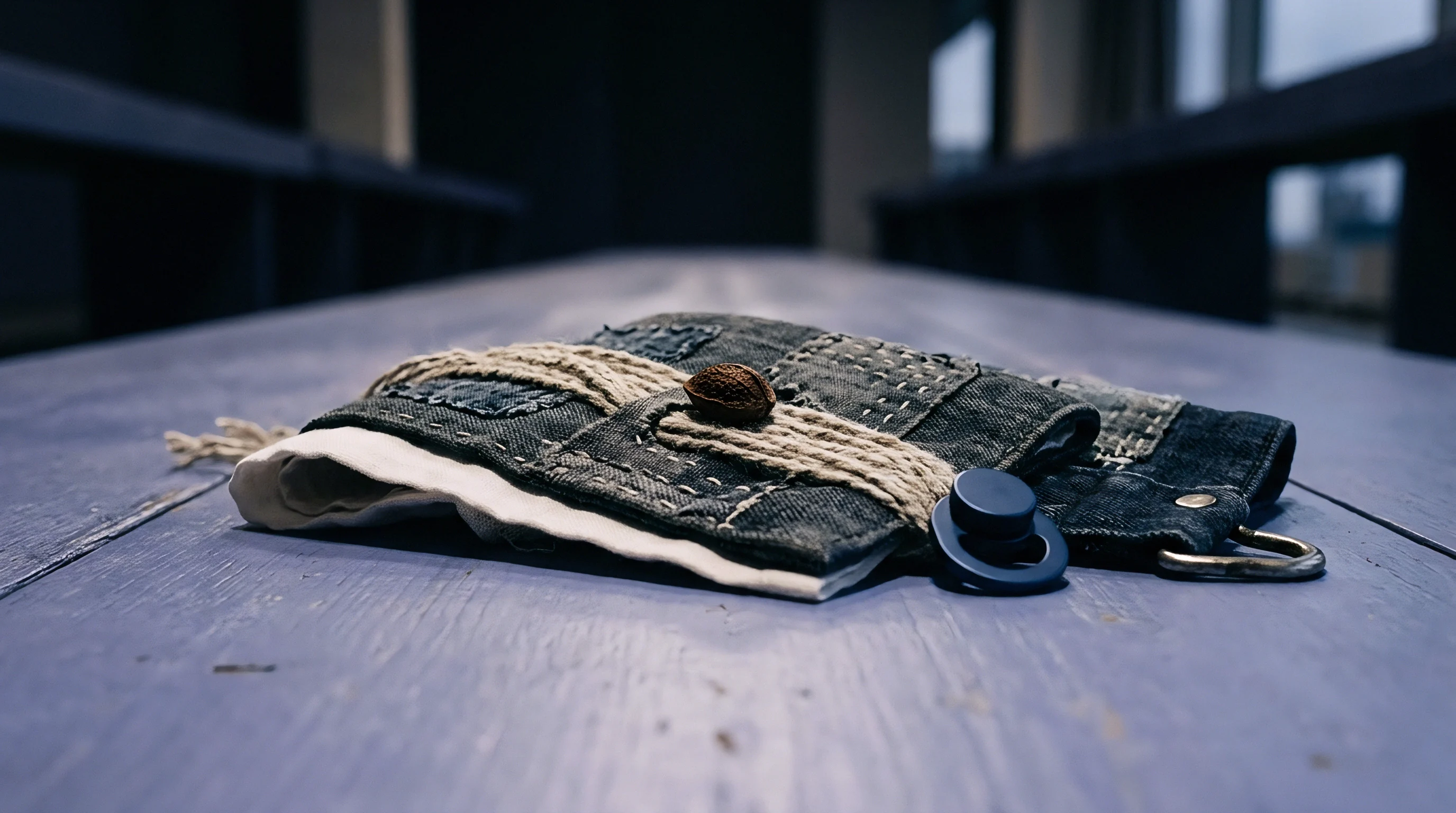 Folded cotton denim panels joined by sashiko stitching and tied with braided twine rest on a purple painted wooden bench.