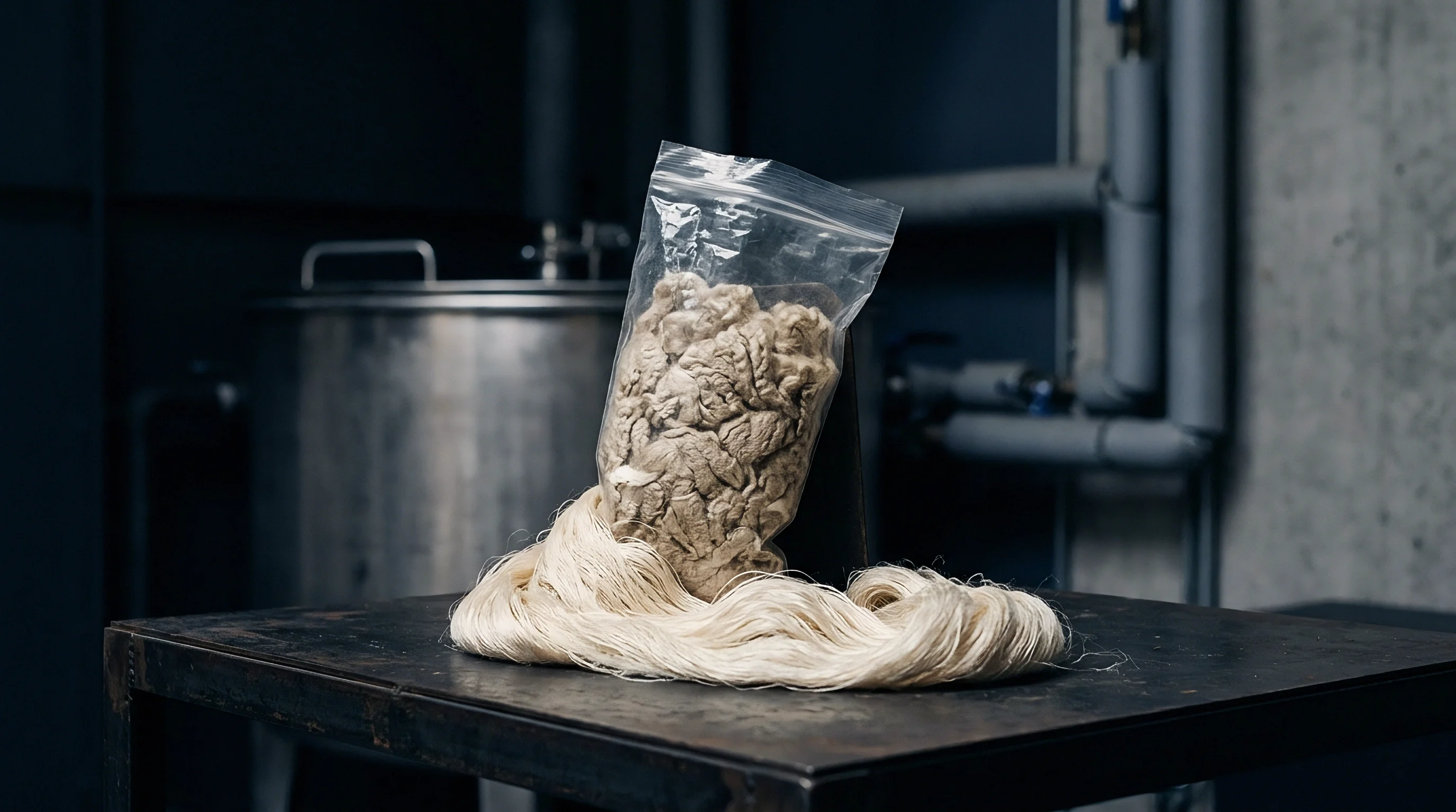 Dissolving pulp in a transparent plastic pouch rests beside a combed vegetable fibre roving on a dark industrial metal work surface.