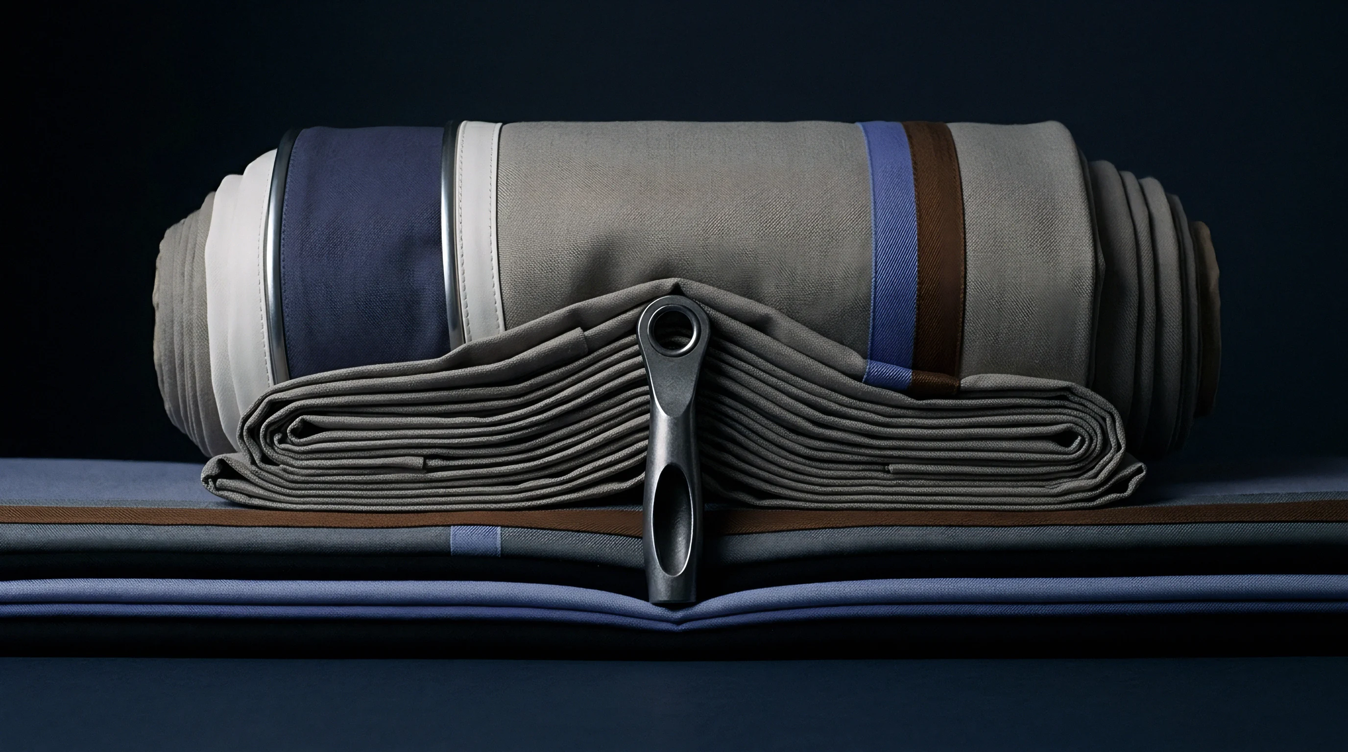 A multi colored woven fabric roll rests above neatly folded textile layers bisected by a centered metal tension tool.