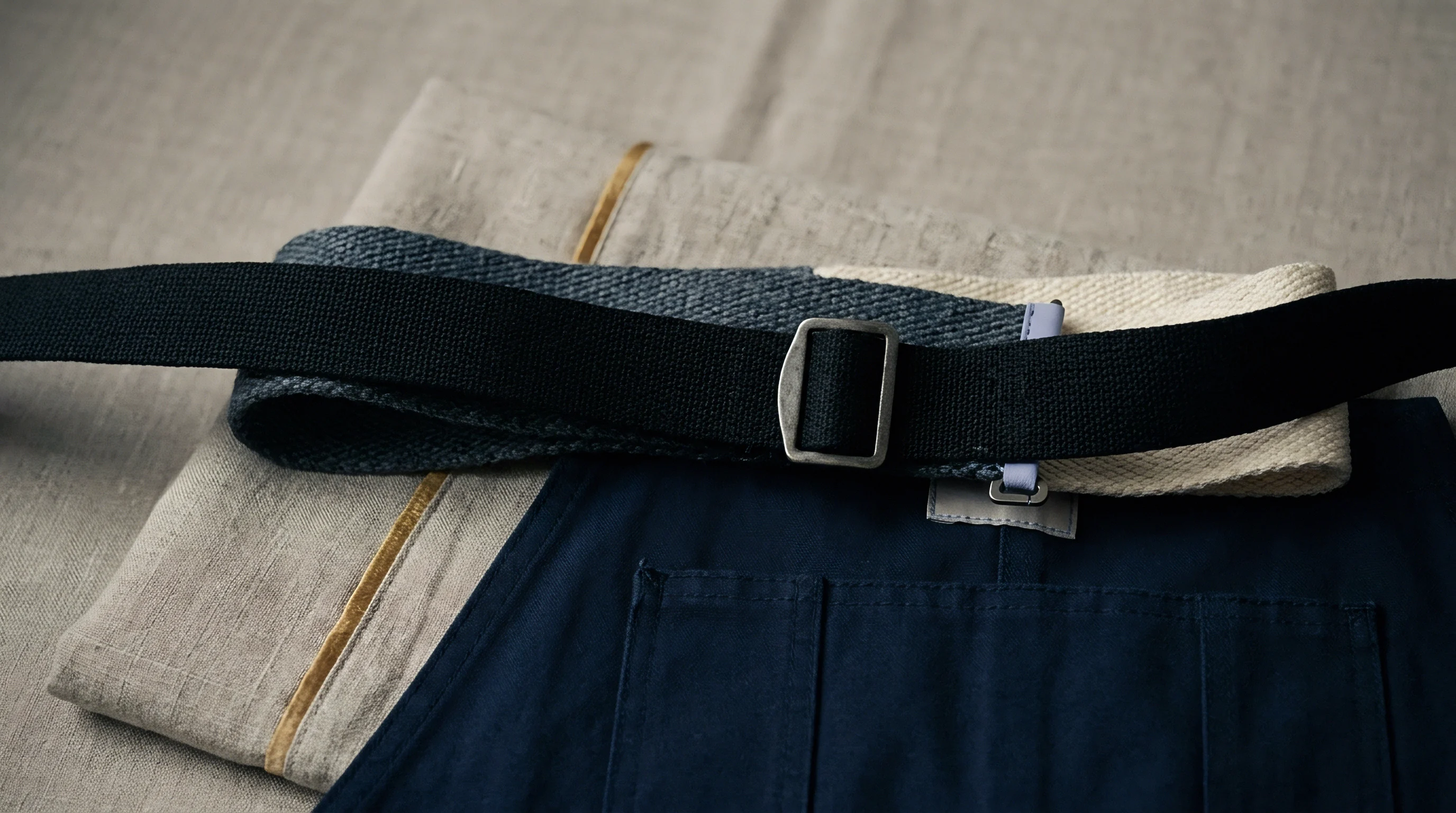 A navy cotton workwear piece rests beneath multiple woven webbing belts and folded linen fabric with a golden decorative selvedge edge.