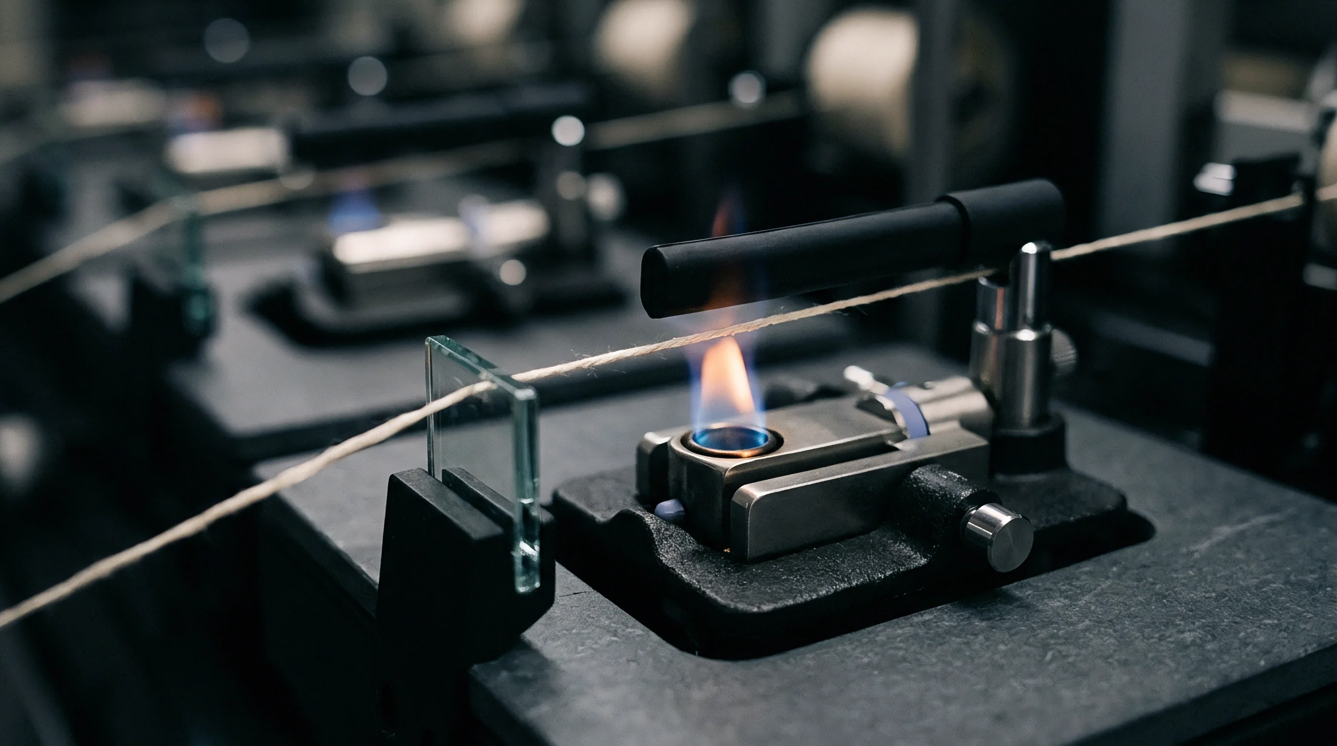 A natural fiber yarn passes through a miniature gas flame inside an industrial laboratory testing apparatus under mechanical tension.