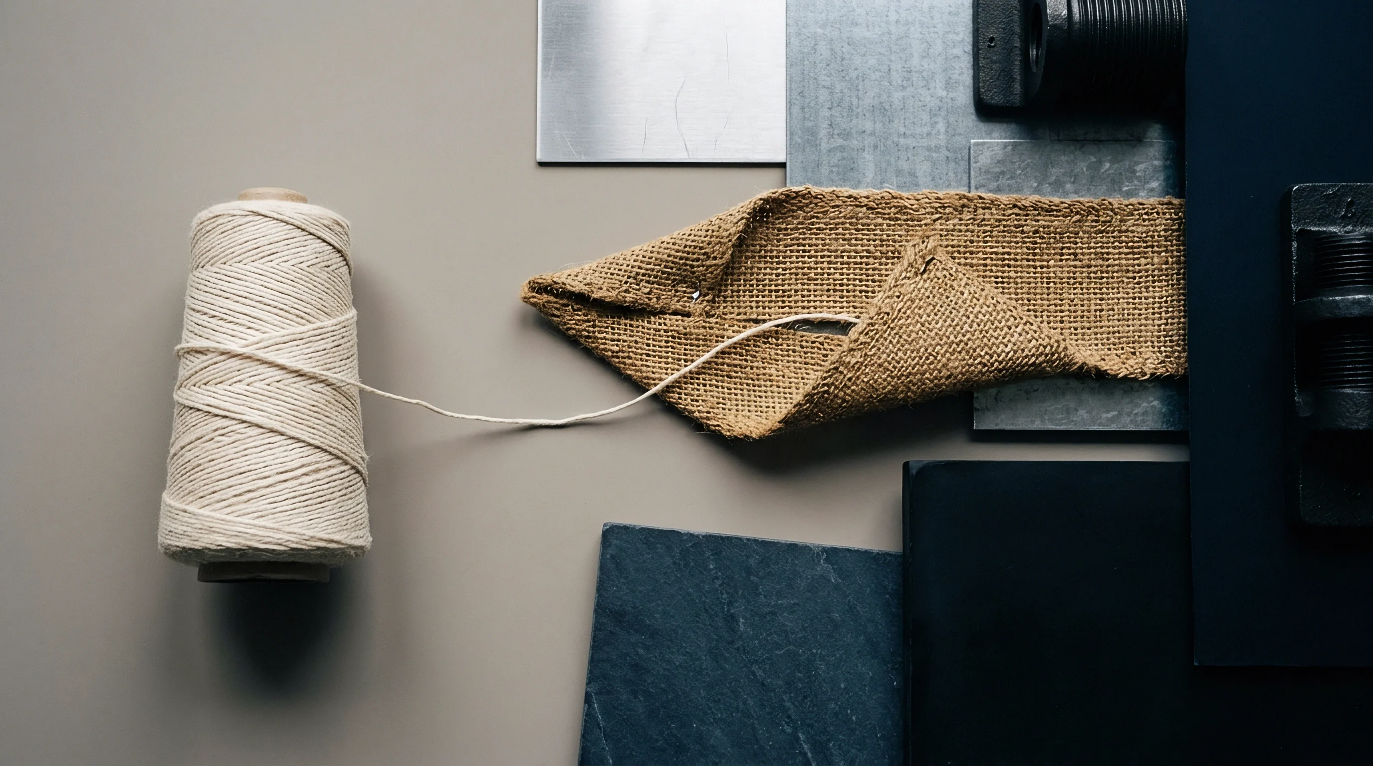 A natural fiber yarn spool connects via a loose thread to folded hessian fabric placed over metallic and stone architectural swatches.